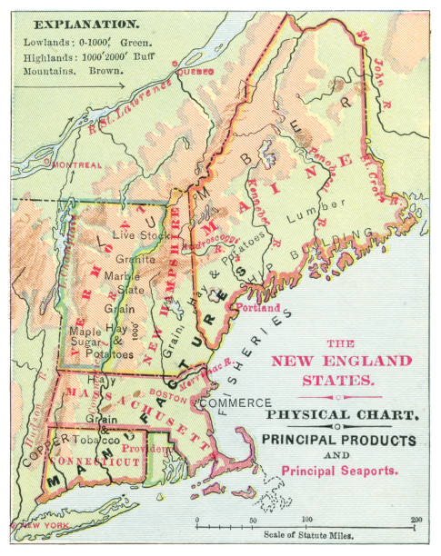 ilustraciones, imágenes clip art, dibujos animados e iconos de stock de mapa de nueva inglaterra 1886 - map cartography connecticut drawing