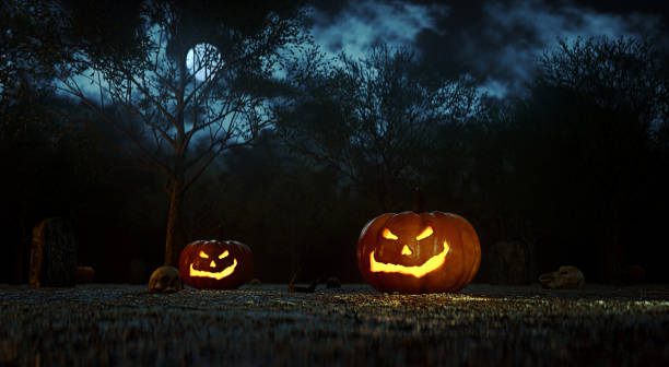 istock Spooky tree, pumpkins and skull. Design for your Halloween holiday 1181040748
