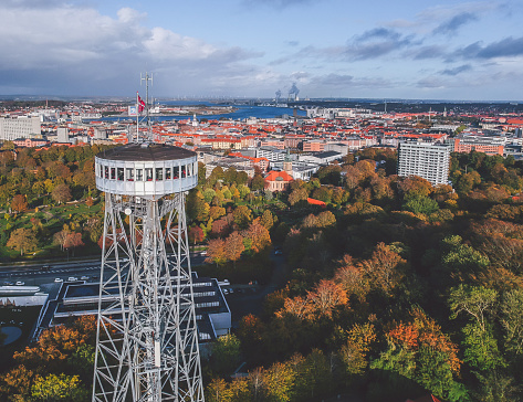 Aerial view over Aalborg (Denmark) with the Aalbrog Tower in the foreground