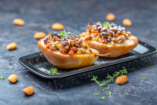 Pears with nuts, raisins and spices.