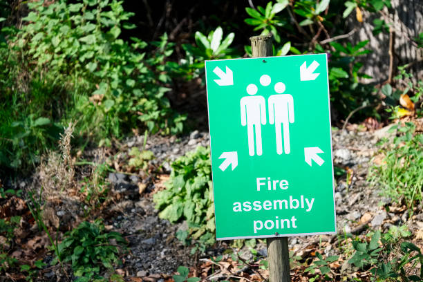 istock Fire assembly point sign at workplace car park 1181045134