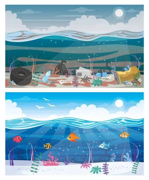 Vector illustration of Difference Between Clean And Dirty Sea