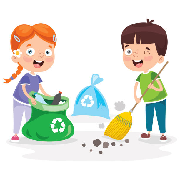 ilustrações, clipart, desenhos animados e ícones de crianças pequenas que limpam e que recicl o lixo - water child bottle little boys