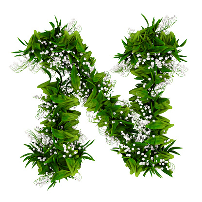 Letter N made of flowers and grass isolated on white. 3d illustration.