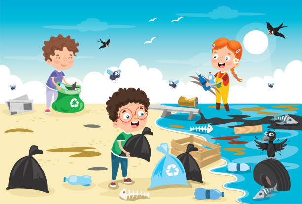 ilustrações, clipart, desenhos animados e ícones de crianças pequenas que limpam a praia - water child bottle little boys