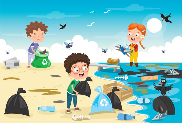 Little Children Cleaning The Beach Stock Illustration - Download Image Now  - Beach, Sea Life, Garbage - iStock