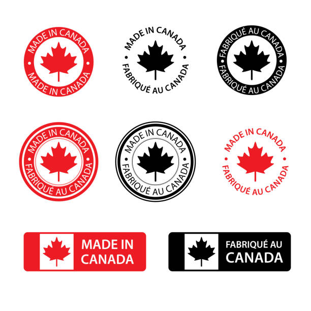 Different kind of made in Canada stamps isolated on white in English and French