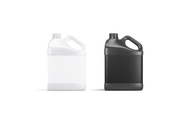 Blank black and white plastic canister mockup stand isolated Blank black and white plastic canister mockup set stand isolated, 3d rendering. Empty jerrycan with diesel or oil mock up, front view. Clear industrial gasolene in bottle with lid template. jug stock pictures, royalty-free photos & images