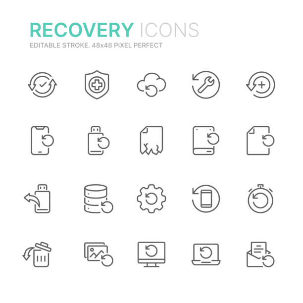 ilustrações, clipart, desenhos animados e ícones de coleção de ícones de linha relacionados à recuperação de dados. 48x48 pixel perfeito. curso editable - restoring beginnings restart recovery