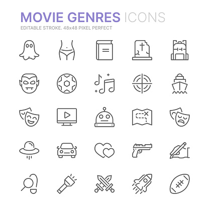 Collection of movie genres related line icons. 48x48 Pixel Perfect. Editable stroke