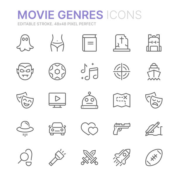 Collection of movie genres related line icons. 48x48 Pixel Perfect. Editable stroke Collection of movie genres related line icons. 48x48 Pixel Perfect. Editable stroke comedy mask stock illustrations