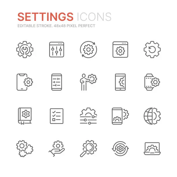 Vector illustration of Collection of setting and options related line icons. 48x48 Pixel Perfect. Editable stroke