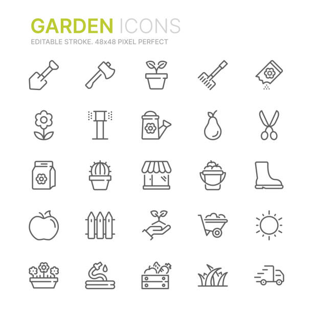 ilustrações, clipart, desenhos animados e ícones de coleção de ícones relacionados da linha do jardim. 48x48 pixel perfeito. curso editable - flower pot gardening glove glove protective glove