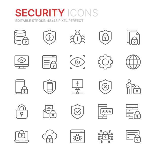 ilustrações, clipart, desenhos animados e ícones de coleção de ícones relacionados da linha da segurança do internet. 48x48 pixel perfeito. curso editable - segurança