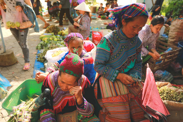 Hmong women selling vetgetable in Bac Ha market, Northern Vietnam. Sapa, Vietnam - July 7, 2019 : Hmong women selling vetgetable in Bac Ha market, Northern Vietnam. Bac Ha is hilltribe market where people come to trade for goods in traditional costumes bac ha market stock pictures, royalty-free photos & images