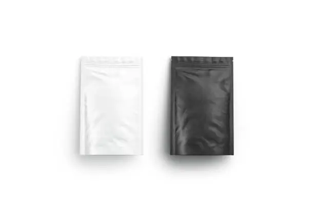 Blank blank and white zipper pouch lying mock up set, isolated, 3d rendering. Empty vacuum sachet poch mockup, top view. Clear spice or cofe sealed doypack mokcup template.