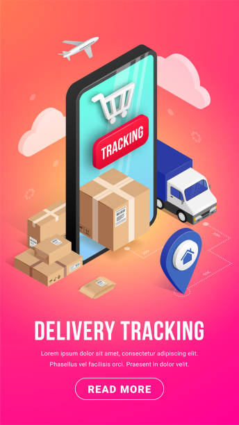 tracking isometrische konzept telefon banner rosa - delivery van distribution warehouse vector shipping stock-grafiken, -clipart, -cartoons und -symbole