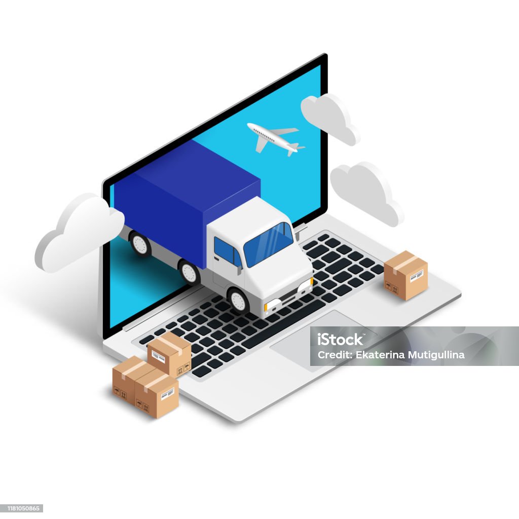 Spedizione laptop concetto isometrico con camion - arte vettoriale royalty-free di Trasporto-merci