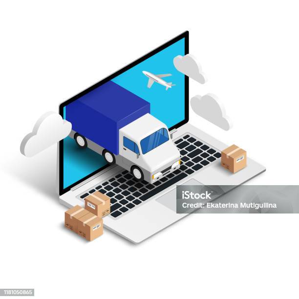 Spedizione Laptop Concetto Isometrico Con Camion - Immagini vettoriali stock e altre immagini di Trasporto-merci - Trasporto-merci, Consegnare, Commercio elettronico