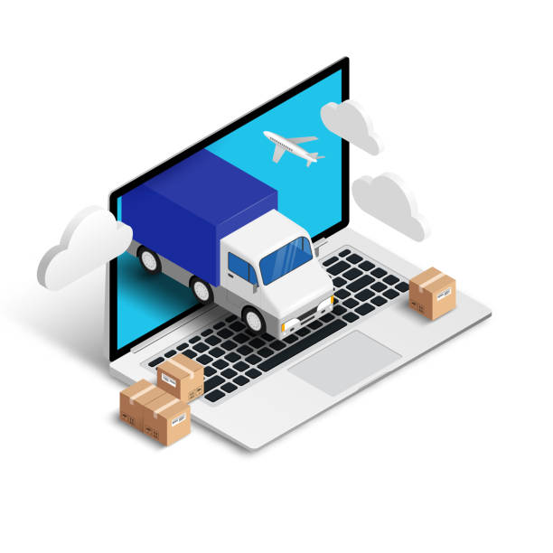 Shipping isometric concept laptop with truck Shipping service online isometric concept with laptop, truck, plane, boxes isolated on white background. Logistic digital shopping advert 3d design. Vector illustration for web, banner, ui, mobile app freight transportation stock illustrations