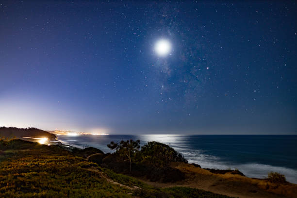 Torrey Pines at Night Torrey Pines at Night view of Ocean, Moon, and partial milky way galaxy. Shot in Del Mar, San Diego, California. torrey pines state reserve stock pictures, royalty-free photos & images