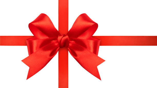 nastro di seta rosso lucido con fiocco isolato su sfondo bianco. decorazione natalizia con spazio di copia - bow satin red large foto e immagini stock