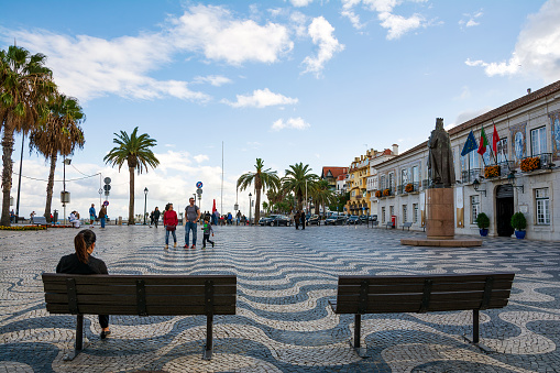 CASCAIS , PORTUGAL - NOVEMBER 4, 2017. Looking to the view at Main Square and Town Hall of Cascais , fishing port and popular resort of Portugal.