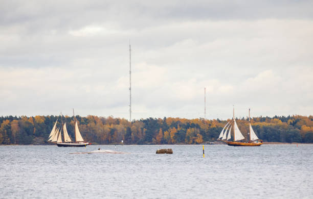 ヘルシンキ、フィンランドの南港に入る帆船 - traditional culture tall ship mast sailing ship ストックフォトと画像