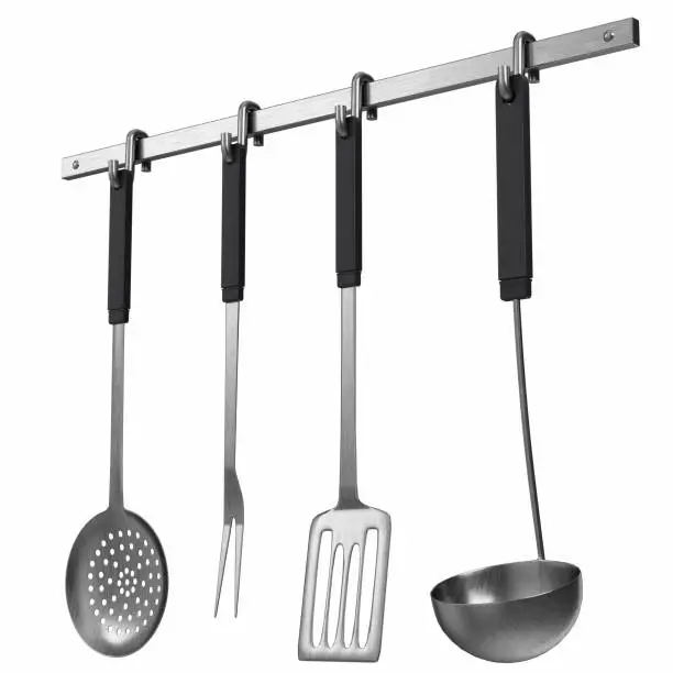 3D rendering illustration of a kitchen tools utensil rack