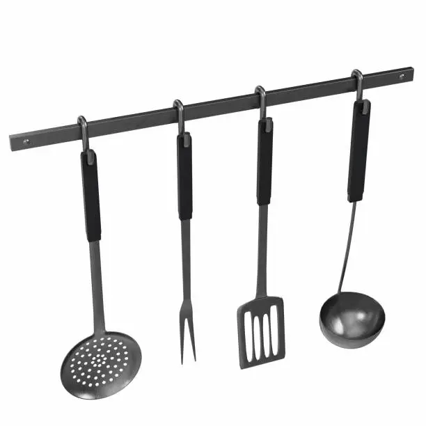 3D rendering illustration of a kitchen tools utensil rack