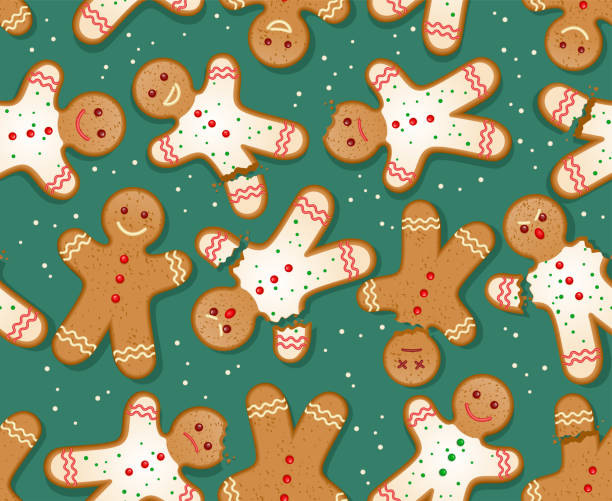 Seamless holiday gingerbread man pattern on red background. Seamless Holiday gingerbread man pattern. Cute design for Christmas backgrounds, wrapping paper. Holiday baking theme. gingerbread man stock illustrations