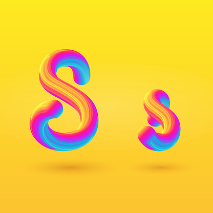 Letter S 3D vector. Liquid gradient shape on yellow background. Colorful hand-drawn alphabet for branding, logo, a set of words. Festive typography, children's alphabet, uppercase letters