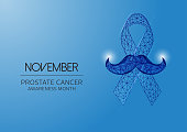 istock Futuristic November -prostate cancer awareness month with glowing low polygonal ribbon and mustaches 1181057457
