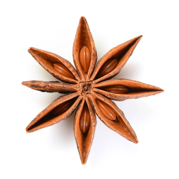 istock Star anise. Single star anise fruit. Macro close up Isolated on white square background, top view of chinese badiane spice or Illicium verum. 1181058493