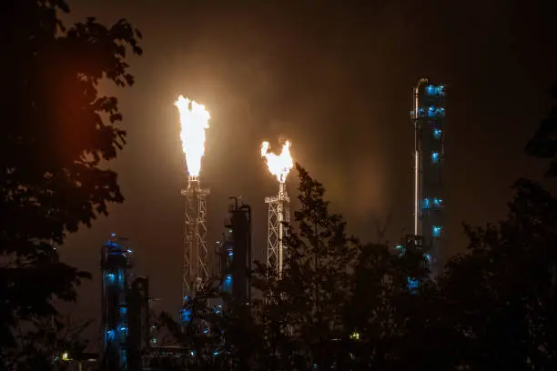 Towers in a refinery flare off the gases to avoid overpressure. Night shot with trees in the foreground and illuminated chimneys.