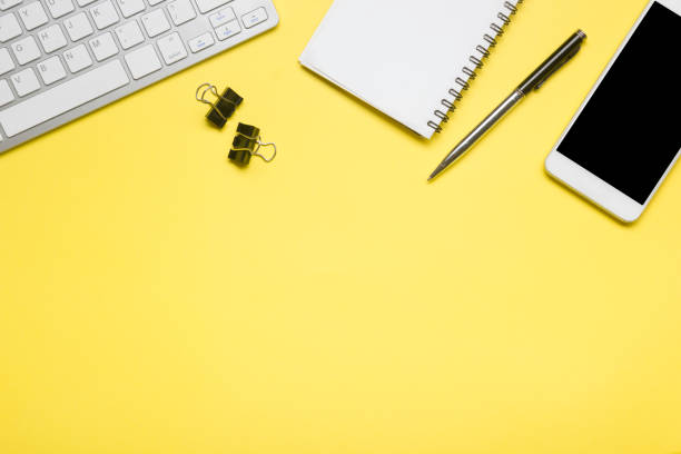 istock Office desk table with supplies. Flat lay Business workplace and objects. Top view. Copy space for text 1181061725