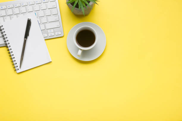 istock Office desk table with supplies. Flat lay Business workplace and objects. Top view. Copy space for text 1181061769