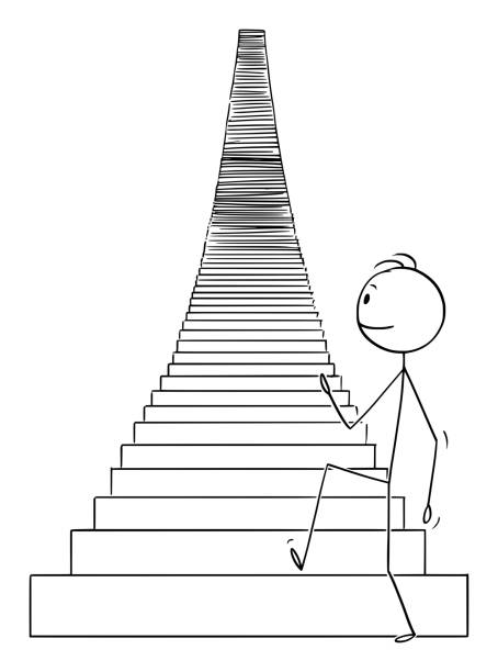Vector Cartoon Illustration of Man or Businessman Walking Up the Stairs to Heaven or Success Vector cartoon stick figure drawing conceptual illustration of man or businessman walking up the stairs to heaven or success. Business concept of challenge. climbing stairs drawing stock illustrations