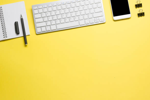 istock Office desk table with supplies. Flat lay Business workplace and objects. Top view. Copy space for text 1181061936