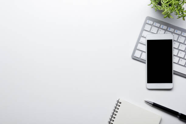 istock Office desk table with supplies. Flat lay Business workplace and objects. Top view. Copy space for text 1181063518