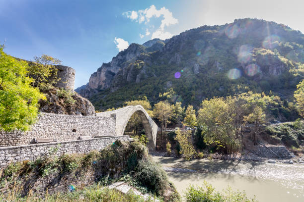 Stone arch bridge in Konitsa, Greece stock photo