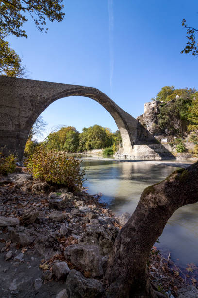 Stone arch bridge in Konitsa, Greece stock photo
