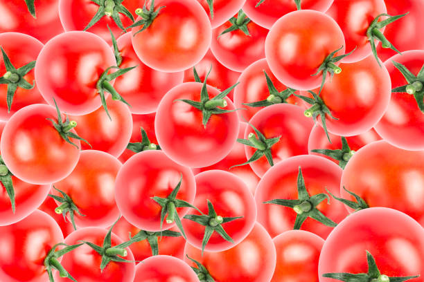 istock Vegetable pattern of red tomatoes on red background. Flat lay, top view. Food background. 1181065258