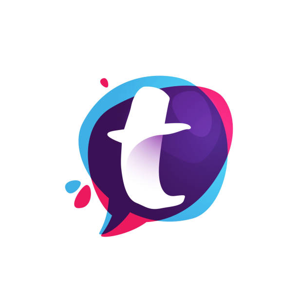 T letter chat app logo at colorful watercolor splash background. Color multiply style. Bubble speech vector typeface for labels, headlines, posters, cards etc. pics of a letter t in cursive stock illustrations