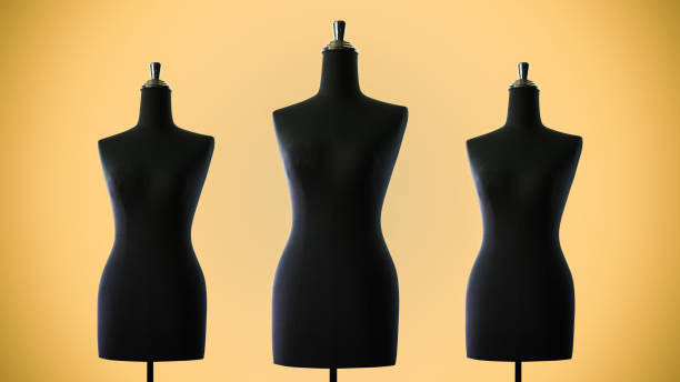 Black dresses manikins models mock-up, isolated on yellow background.
