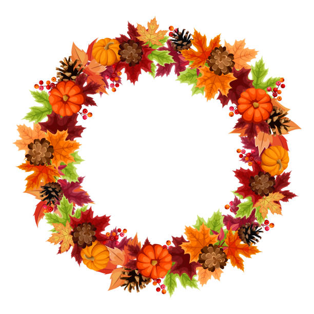 istock Autumn wreath with pumpkins and colorful leaves. Vector illustration. 1181072408