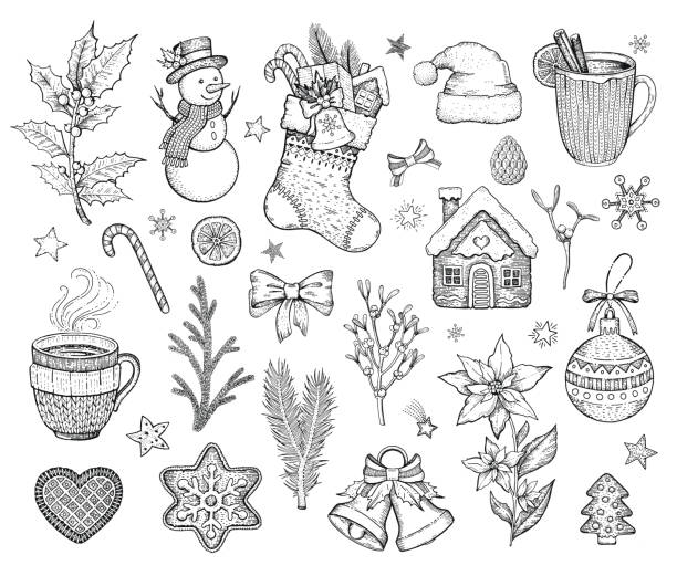 Christmas hand drawn doodle icon set. Merry Xmas Happy New year symbol, retro sketch style. Cute emblem of sock, snowman, cookie, Santa hat, bow. Vector illustration isolatated on white backgraund Christmas hand drawn doodle icon set. Merry Xmas Happy New year symbol, retro sketch style. Cute emblem of sock, snowman, cookie, Santa hat, bow. Vector illustration isolatated on white backgraund christmas drawings stock illustrations