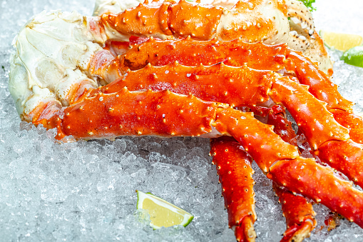 large red Kamchatka crab claws phalanx legs tentacles, lies on ice, cherry, slices of lemon and lime are sliced round, lie around, with fresh herbs, light, top side view, around