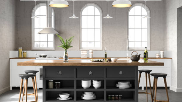 White industrial kitchen White industrial kitchen. Render image. kitchen island stock pictures, royalty-free photos & images
