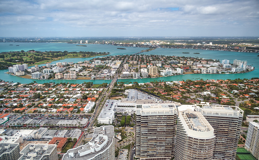 Miami North Beach and city skyline as seen from aircraft, Florida.